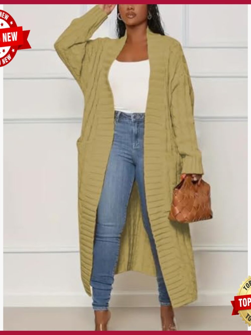 Long Knit Cardigan Sweater, Open Front Duster Style, Ribbed Pattern - Picture 3 of 7